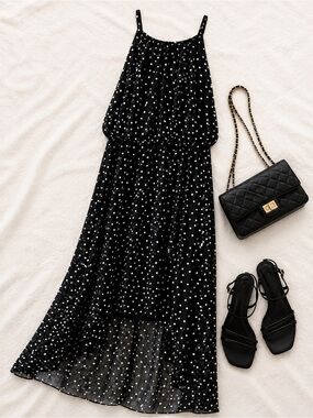 White House Black Market Black Polka Dot Chiffon High-Low Midi Dress Size 6